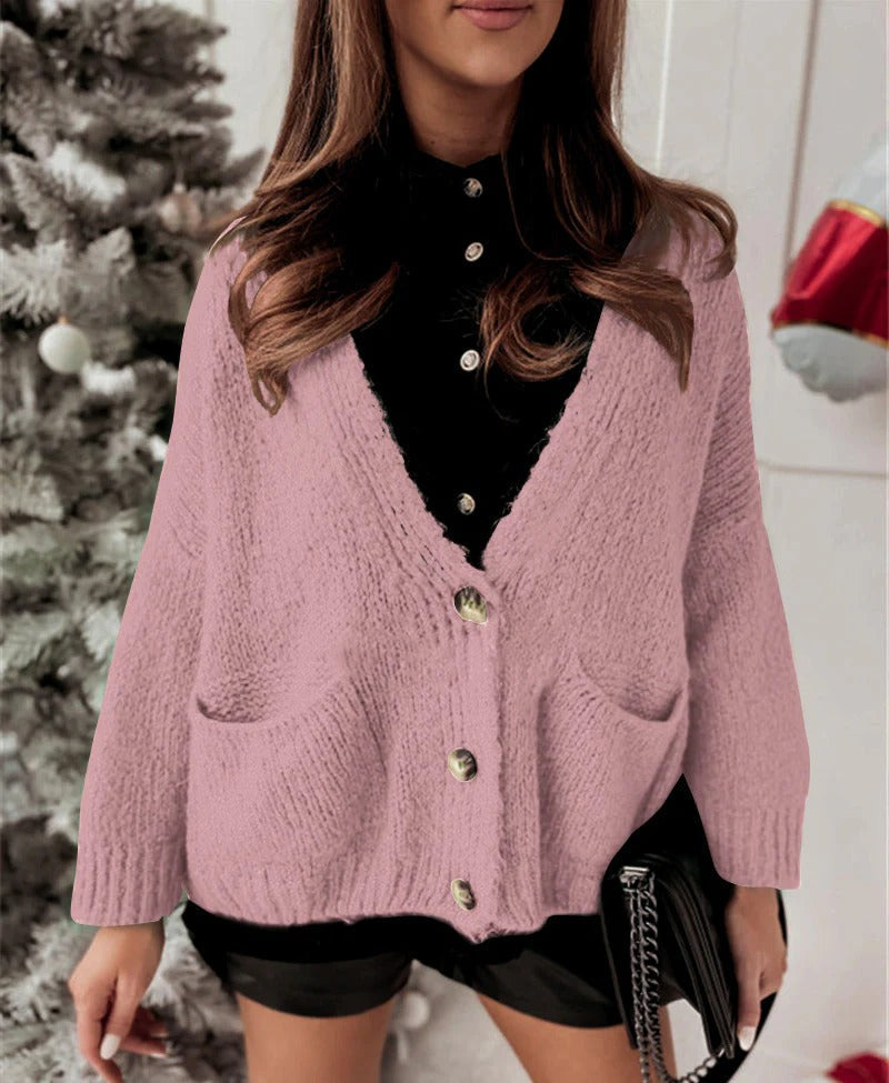 Übergrößene Strickjacke mit V-Ausschnitt und Knöpfen, Lässig und Bequem