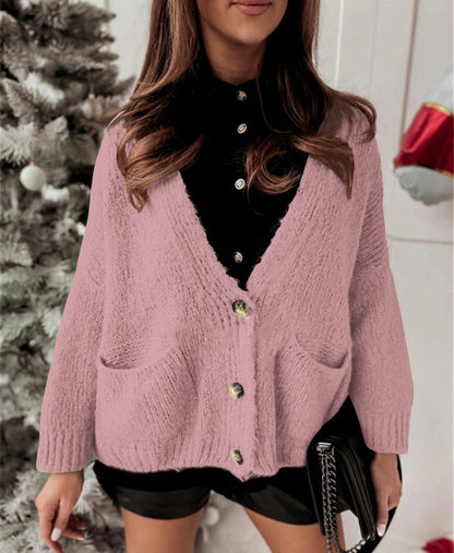Übergrößene Strickjacke mit V-Ausschnitt und Knöpfen, Lässig und Bequem