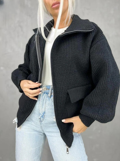 Gemütlicher Cardigan Gestrickt Wolle Rippenoptik