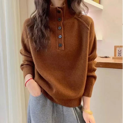 Damenkleid Wollmix Lockere Fit Stehkragen Knöpfe