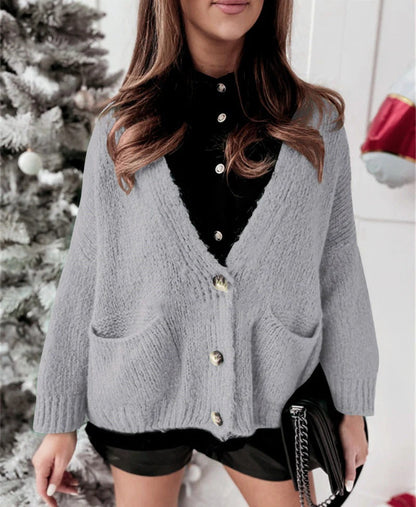 Übergrößene Strickjacke mit V-Ausschnitt und Knöpfen, Lässig und Bequem