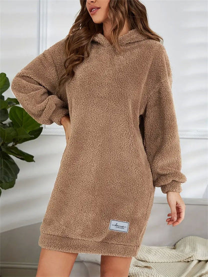 Übergröße Teddy Sweatkleid mit Kapuze → Weites Teddy Kleid Kapuze Oversize