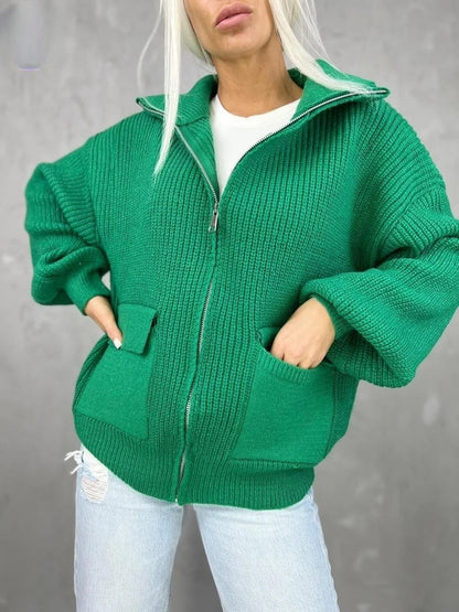 Strickjacke Lockere Passform Rippmuster Reißverschluss