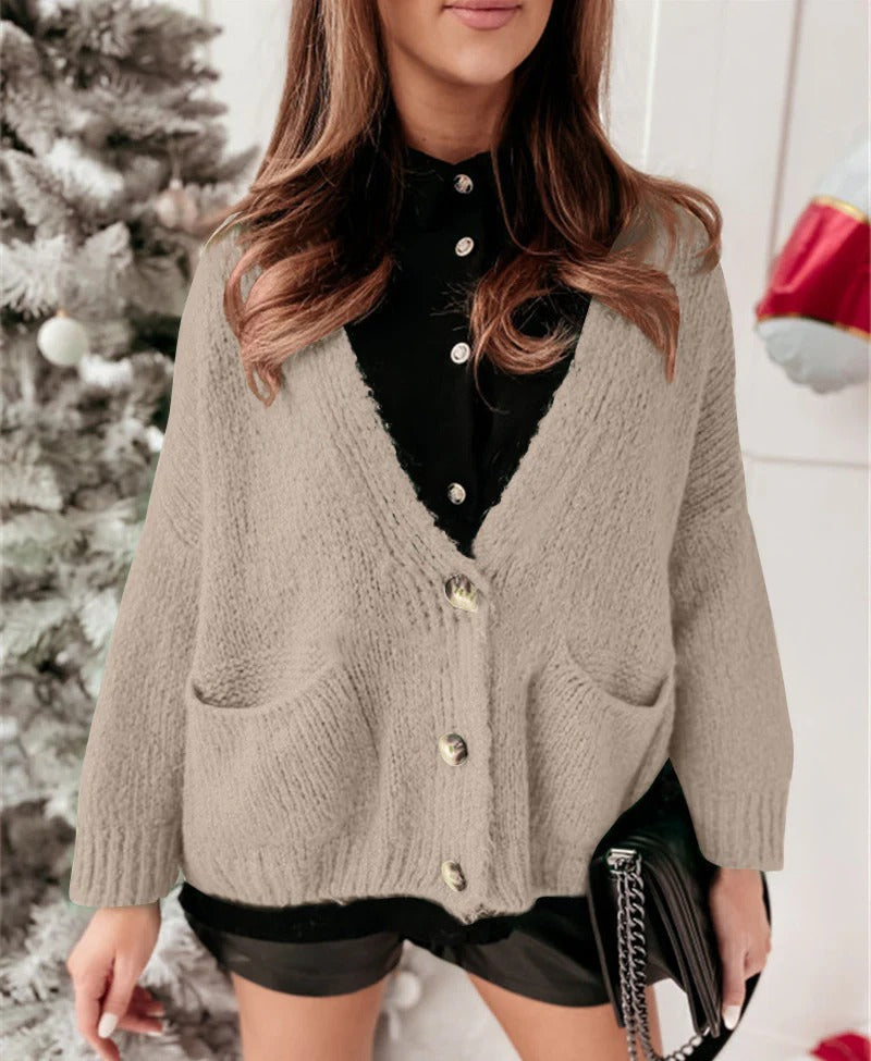 Übergrößene Strickjacke mit V-Ausschnitt und Knöpfen, Lässig und Bequem