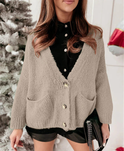 Übergrößene Strickjacke mit V-Ausschnitt und Knöpfen, Lässig und Bequem
