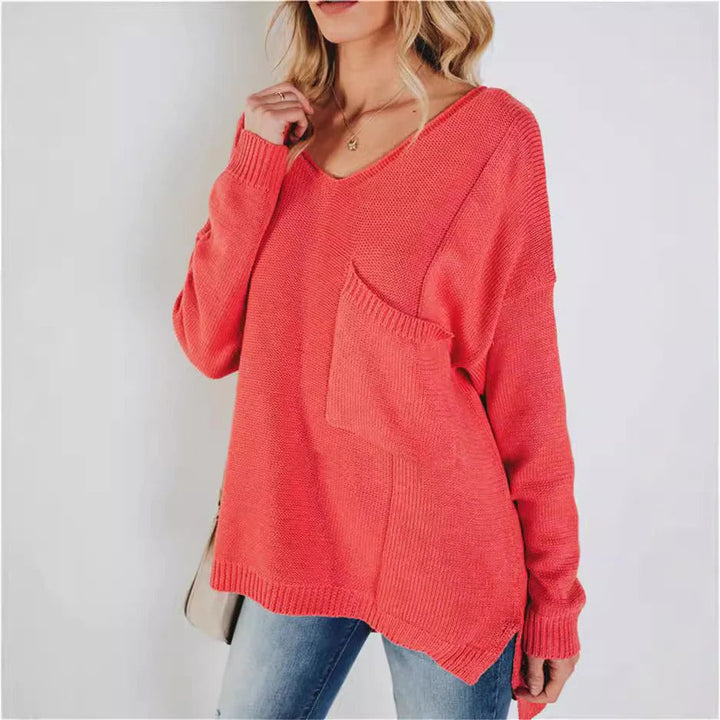 Große Strickpullover Damen V-Ausschnitt Mit Brusttasche
