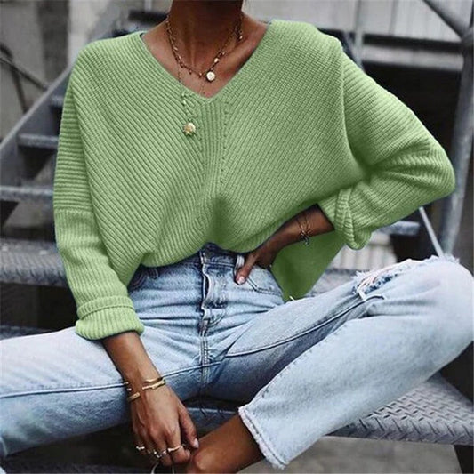Große Strickpullover Damen Oversized V-Ausschnitt - IdealeKleiden