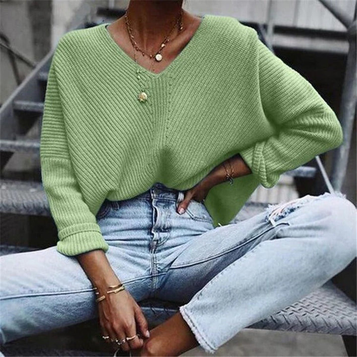 Große Strickpullover Damen Oversized V-Ausschnitt - IdealeKleiden