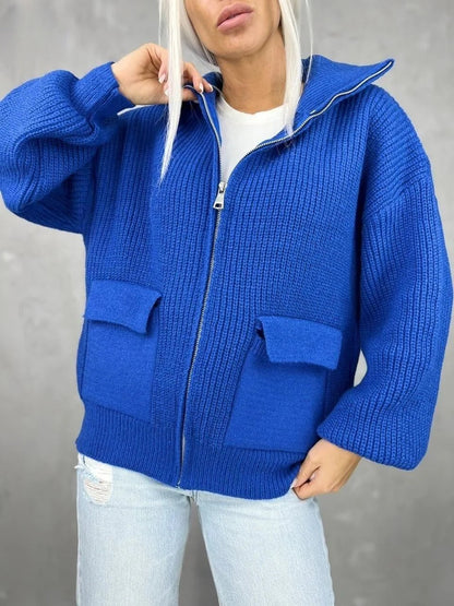 Gemütlicher Cardigan Gestrickt Wolle Rippenoptik - IdealeKleiden