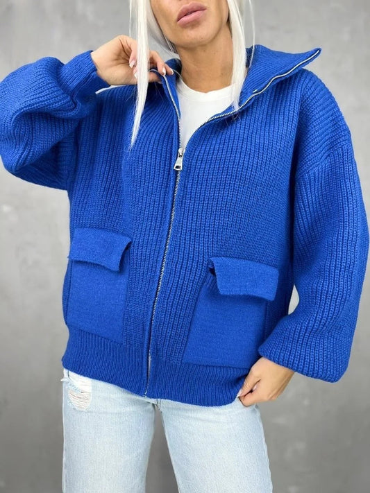 Strickjacke Lockere Passform Rippmuster Reißverschluss - IdealeKleiden