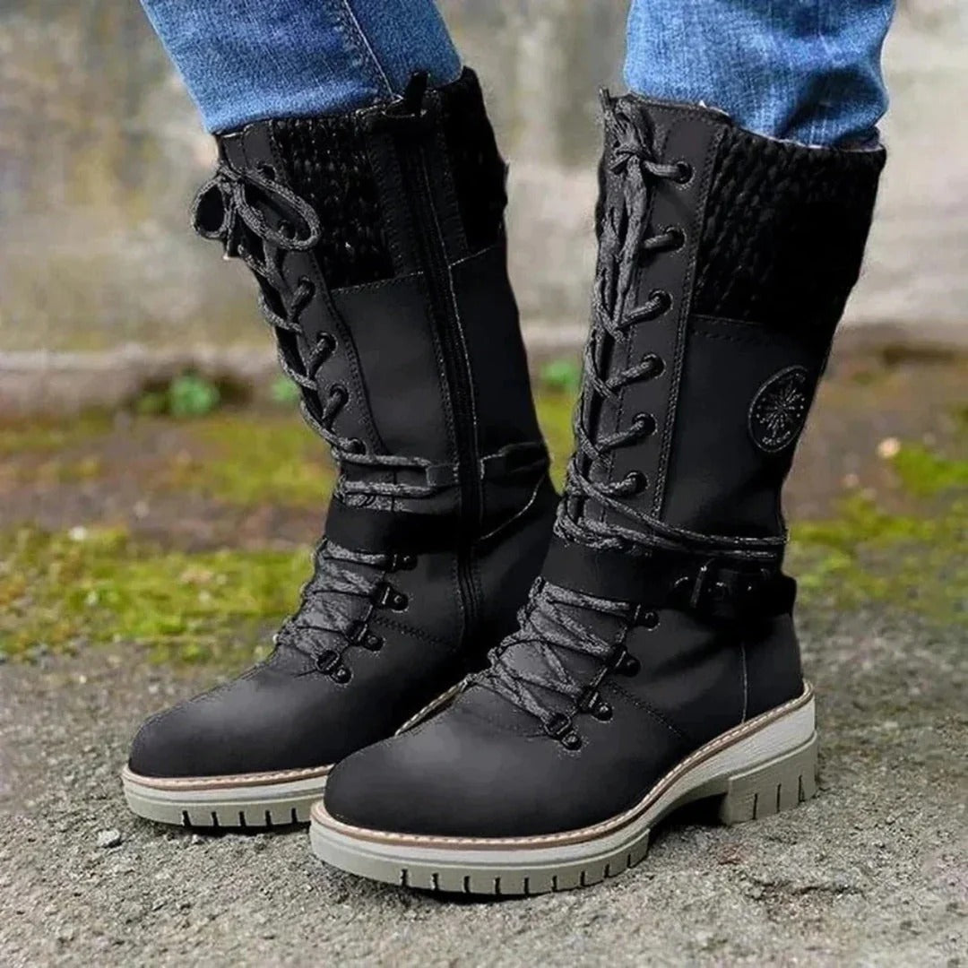 Knielange Stiefel Damen Schnürung Wollbund