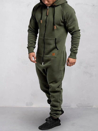 Lässige Fleece Jumpsuit Kapuze Reißverschluss Taschen