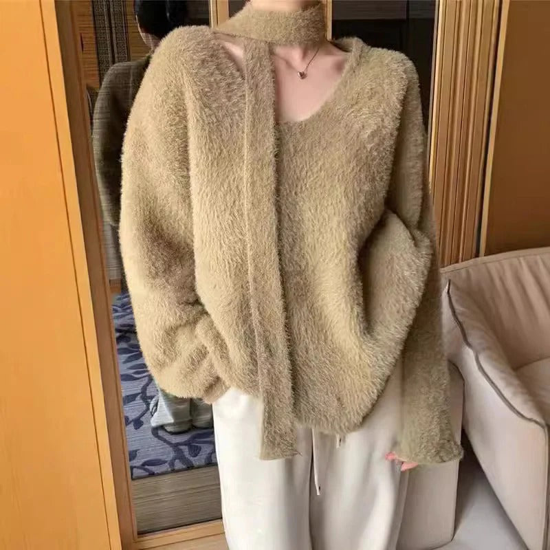 Große Wollkleid Oversize V-Ausschnitt Modern