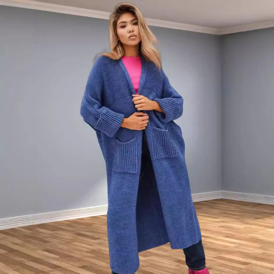 Übergröße Strickmantel Grob Gestrickt mit V-Ausschnitt und Taschen - IdealeKleiden