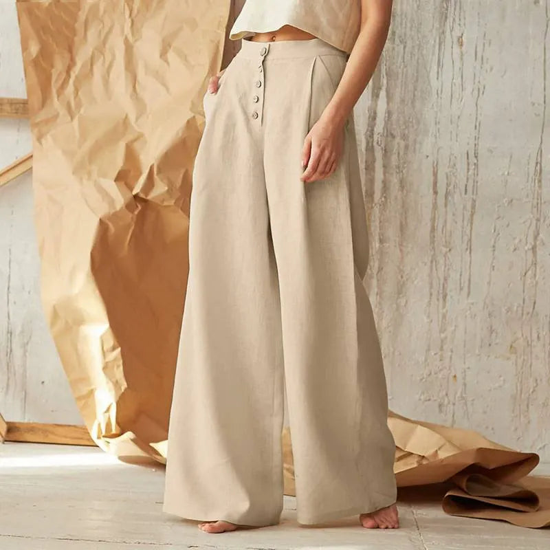 Sommerkleid Weites Bein Hochtailliert Knopfverschluss Leinen Look