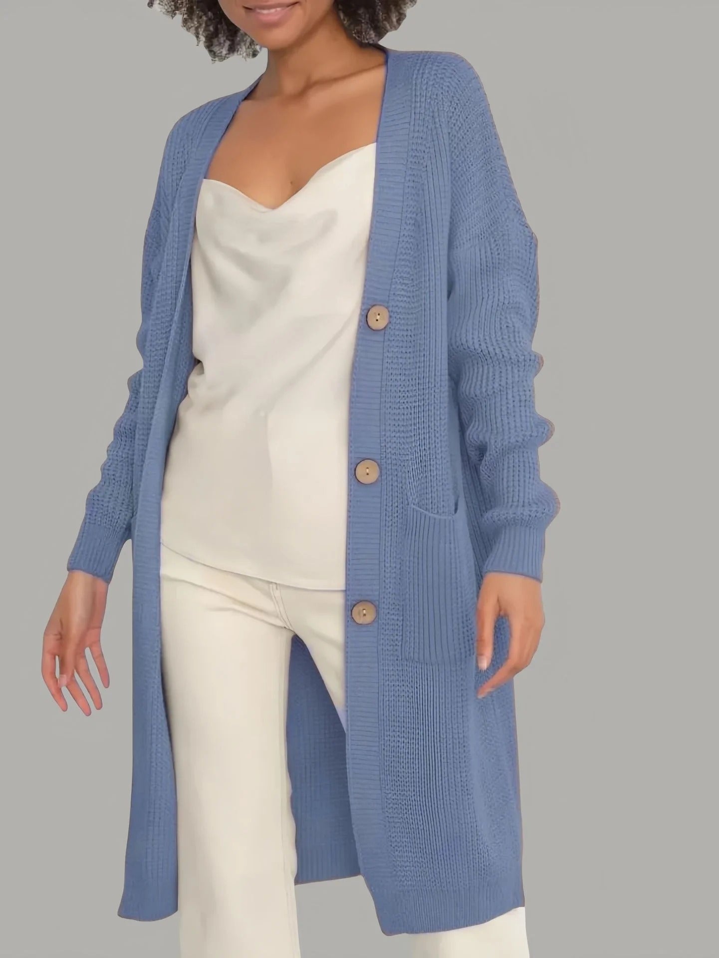 Lange Strickjacke Damen Weich Locke Schnitt mit Knöpfen und Taschen