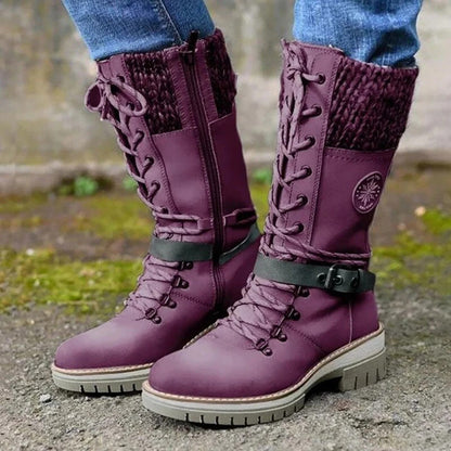 Knielange Stiefel Damen Schnürung Wollbund