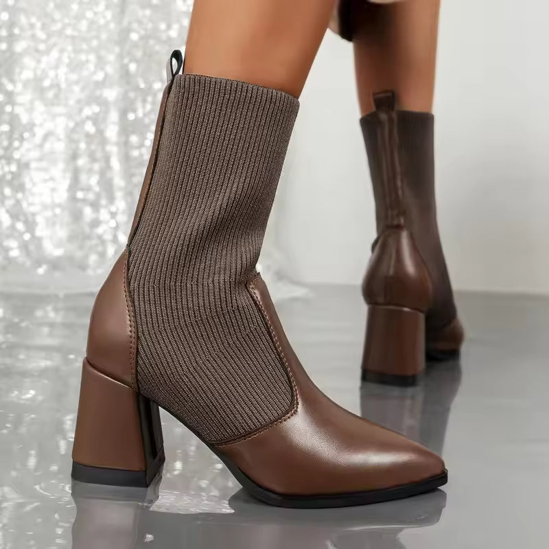 Frauen Stiefeletten Spitze Strick Optik Blockabsatz