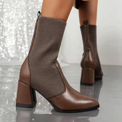 Frauen Stiefeletten Spitze Strick Optik Blockabsatz