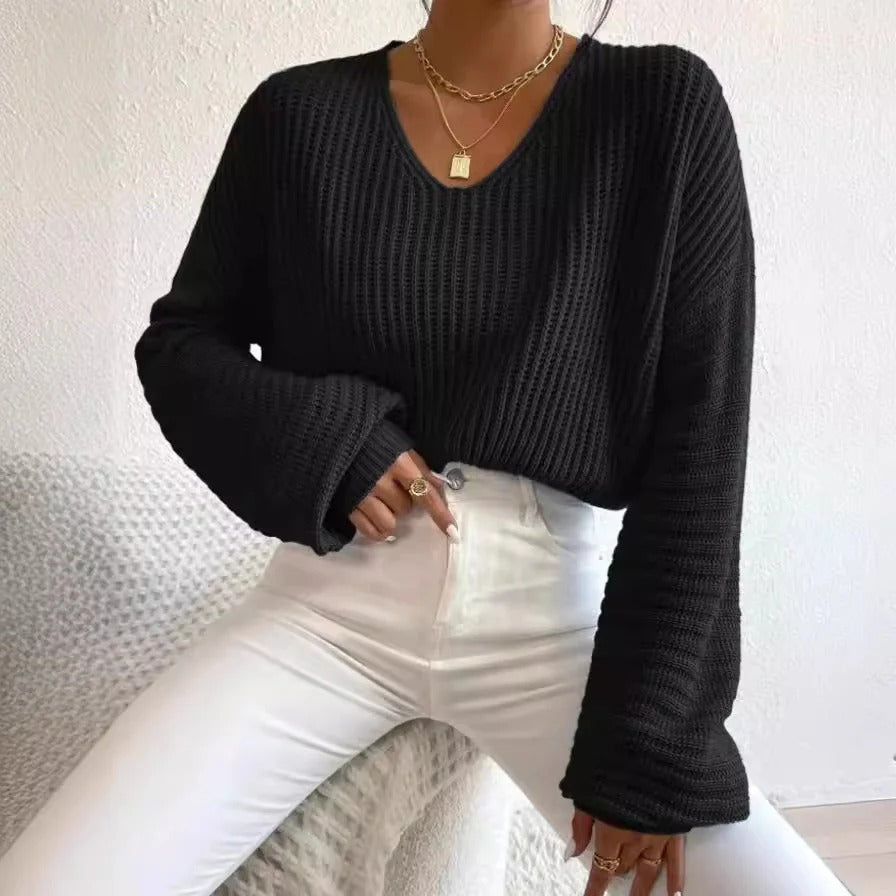 Elegante Damenkleidung | Bequeme Rippstrick Bluse V-Ausschnitt Langärmlig