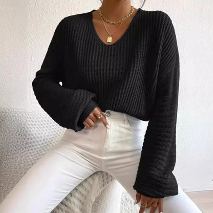 Elegante Damenkleidung | Bequeme Rippstrick Bluse V-Ausschnitt Langärmlig