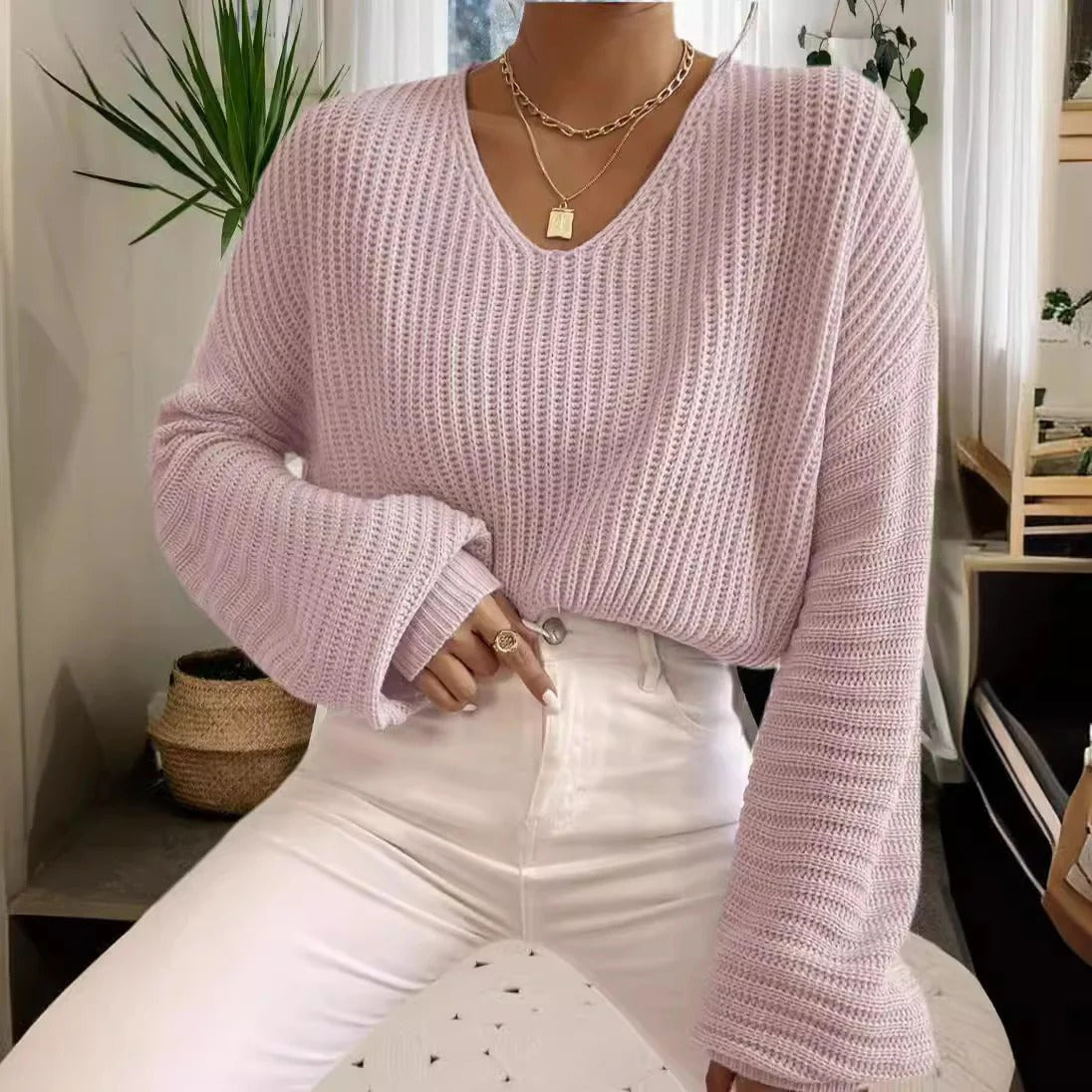 Elegante Damenkleidung | Bequeme Rippstrick Bluse V-Ausschnitt Langärmlig