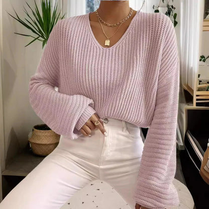 Elegante Damenkleidung | Bequeme Rippstrick Bluse V-Ausschnitt Langärmlig