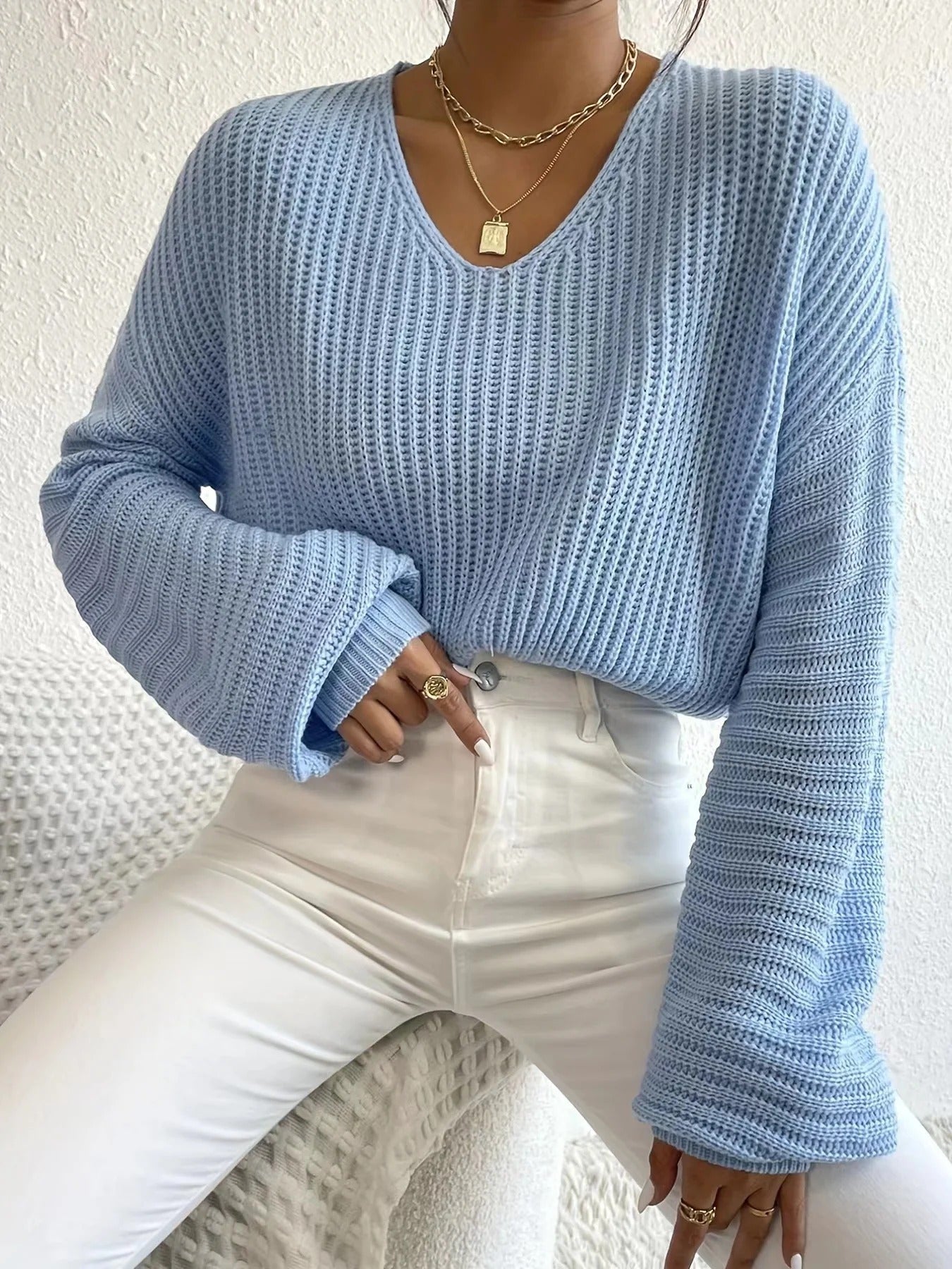 Elegante Damenkleidung | Bequeme Rippstrick Bluse V-Ausschnitt Langärmlig - IdealeKleiden