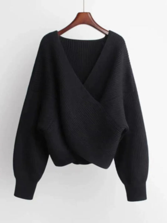Übergröße Sweatshirt Strickoptik V-Ausschnitt Lockenärmel - IdealeKleiden