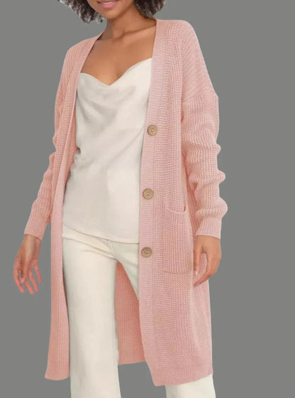 Lange Strickjacke Damen Weich Locke Schnitt mit Knöpfen und Taschen