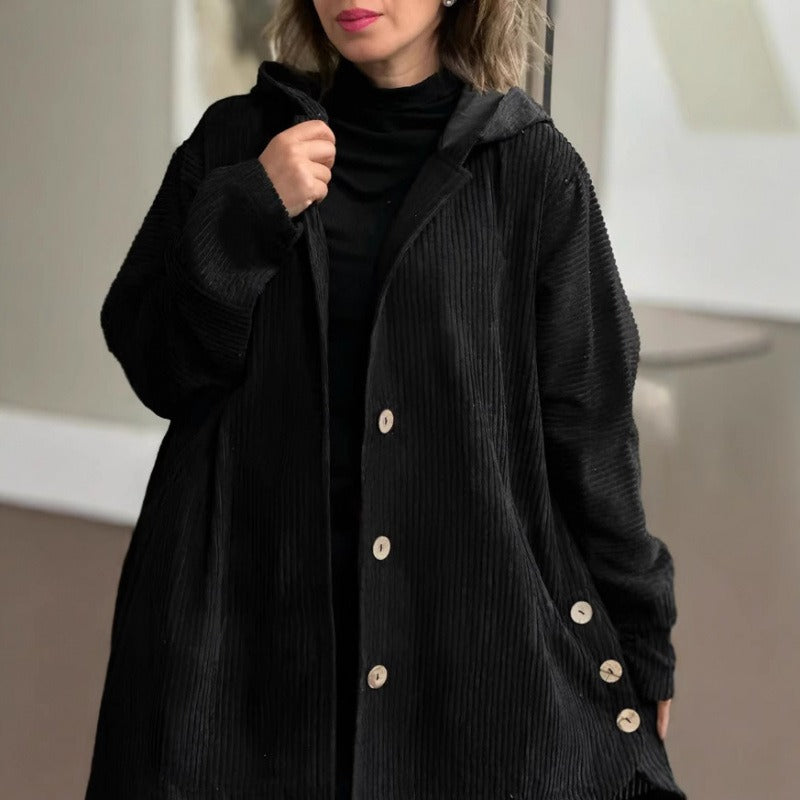 Klassisches Cordkleid Lässig Kapuze Knöpfe Knielang