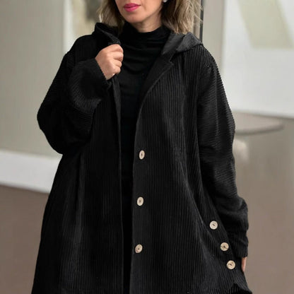 Klassisches Cordkleid Lässig Kapuze Knöpfe Knielang