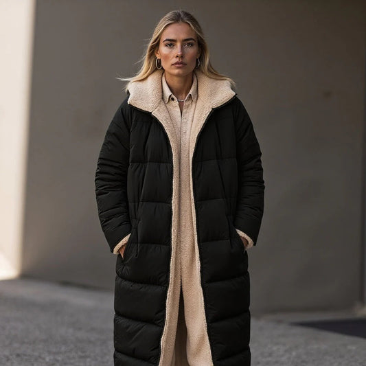Langer Wintermantel Damen, Fleece Ausstattung, Lockerer Schnitt - IdealeKleiden