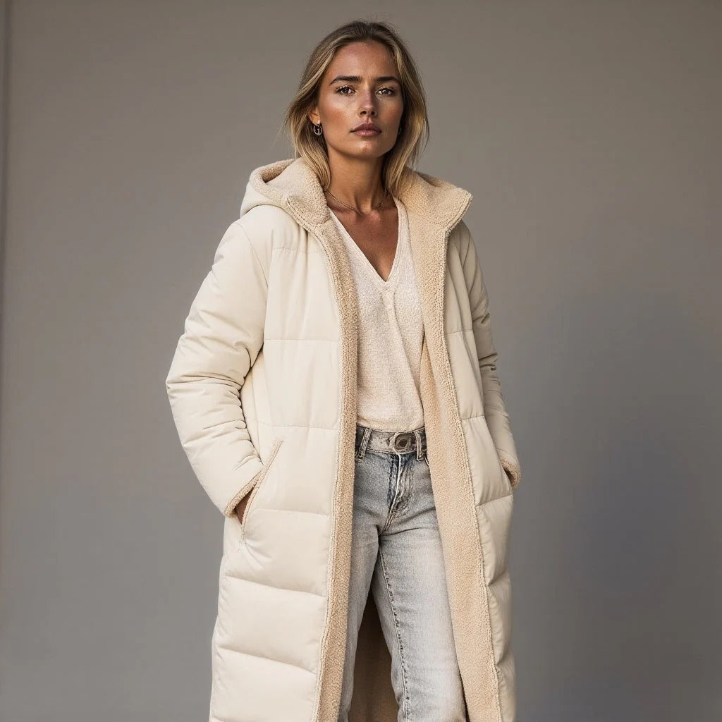 Langer Wintermantel Damen, Fleece Ausstattung, Lockerer Schnitt
