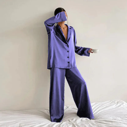 Damenschlafanzug Satin Set Lockerer Style - IdealeKleiden