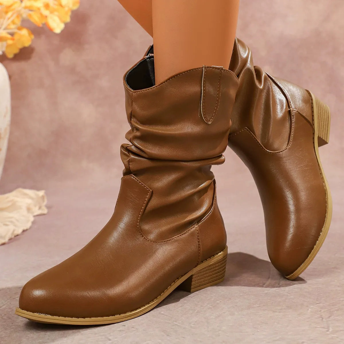 Stylische Stiefel Knöchelhoch Kunstleder Runder Zeh - IdealeKleiden