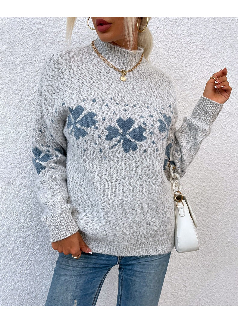 Wollkleid Lockere Passform Hochgeschlossen Lange Ärmel Gemustert - IdealeKleiden