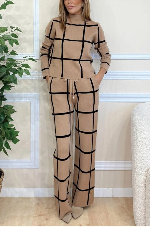 Zweiteiler Kleid Gestrickt Karo Lässig Weite Beine