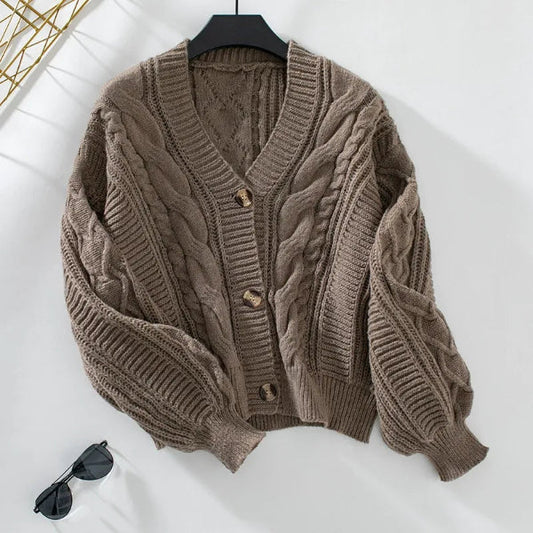 Frauen Strickpullover Warm Kabelstrick V-Ausschnitt - IdealeKleiden