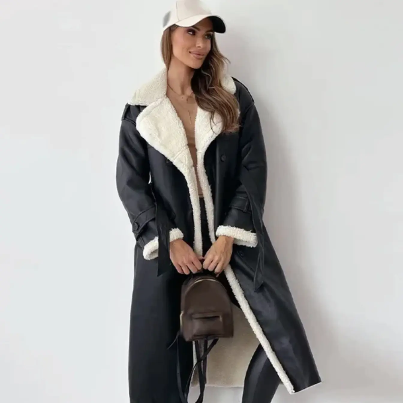 Luxus Trenchcoat Lang Shearling Gefüttert Winter