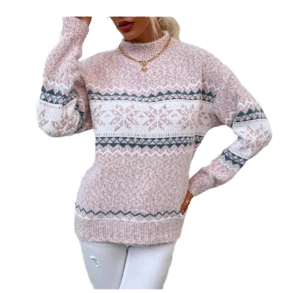 Weiche Wollpullover Lässig Schneemuster Hochkragen