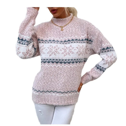 Warme Wollkleid Damen Entspannter Schnitt Schneemuster