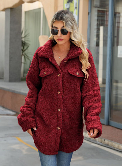 Übergrößenes Sherpa-Fleece-Shacket mit Knöpfen und Taschen