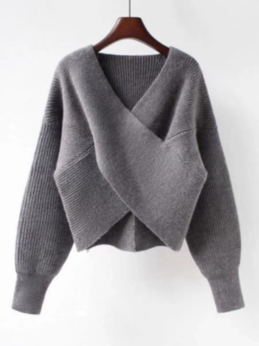 Übergröße Sweatshirt Strickoptik V-Ausschnitt Lockenärmel