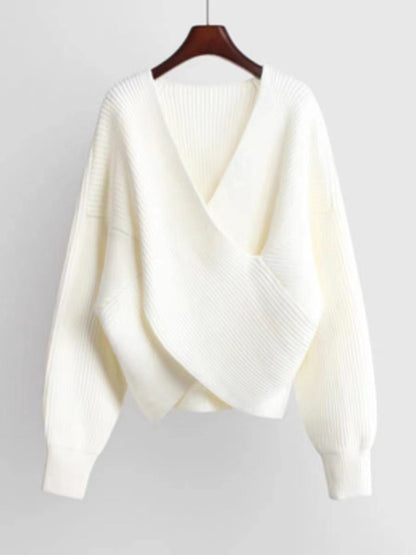 Übergröße Sweatshirt Strickoptik V-Ausschnitt Lockenärmel