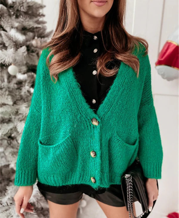 Übergrößene Strickjacke mit V-Ausschnitt und Knöpfen, Lässig und Bequem - IdealeKleiden