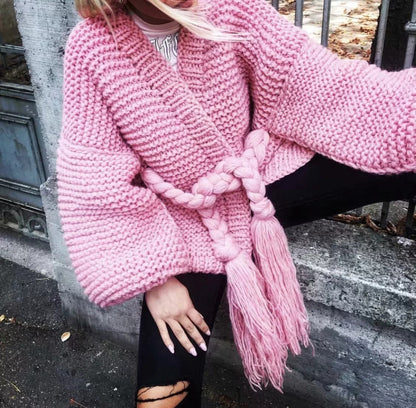 Große Strickjacke Übergröße Langarm mit Taillengürtel