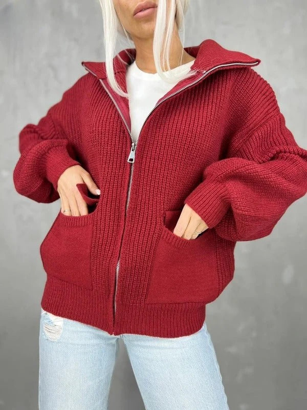 Strickjacke Lockere Passform Rippmuster Reißverschluss