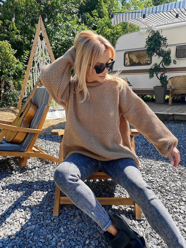 Große Kleidung Oversize Strick Pullover Runder Halsausschnitt - IdealeKleiden