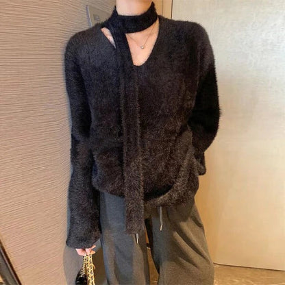Große Wollkleid Oversize V-Ausschnitt Modern - IdealeKleiden